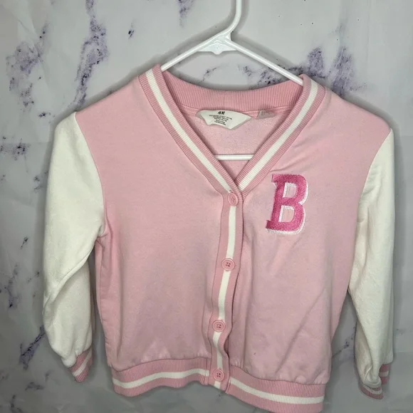 H&M Kids Pink and White Barbie buttoned varsity jacket Sz 6x/7 - Picture 1 of 3